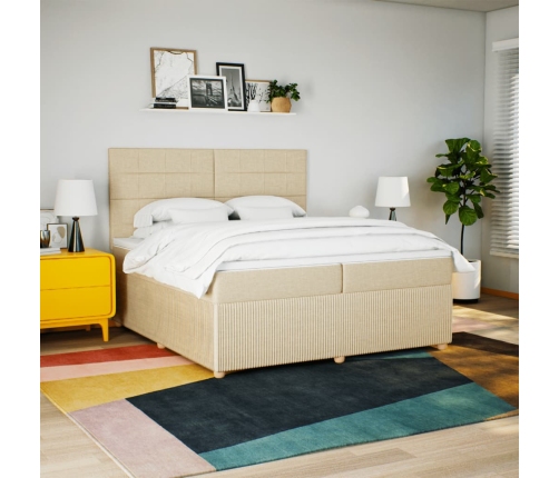 Cama box spring con colchón tela color crema 200x200 cm