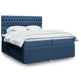 Cama box spring con colchón tela azul 200x200 cm