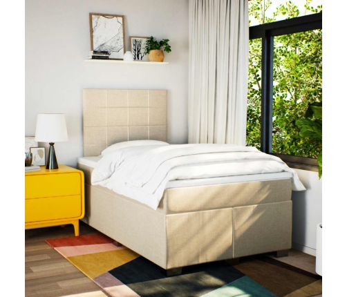 Cama box spring con colchón tela color crema 120x190 cm