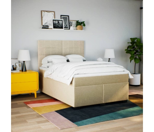 Cama box spring con colchón tela color crema 140x190 cm