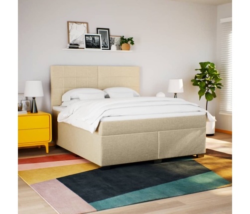 Cama box spring con colchón tela color crema 180x200 cm