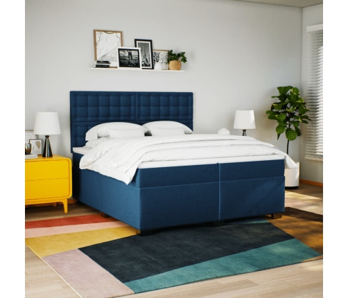 Cama box spring con colchón tela azul 200x200 cm