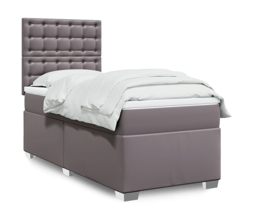 Cama box spring con colchón cuero sintético gris 90x190 cm