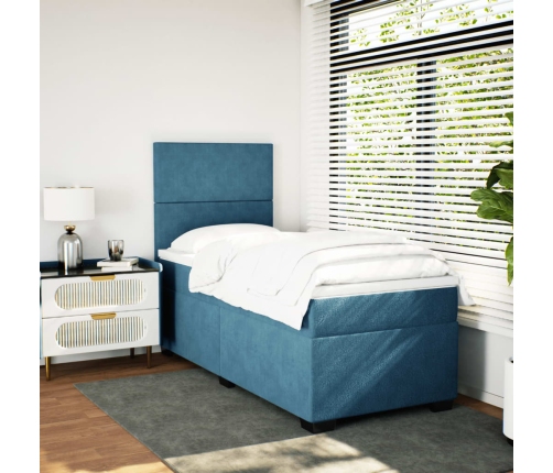 Cama box spring con colchón terciopelo azul 90x190 cm