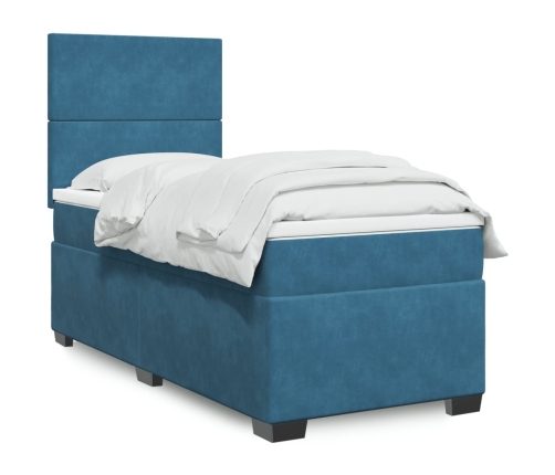 Cama box spring con colchón terciopelo azul 90x190 cm