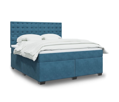 Cama box spring con colchón terciopelo azul 180x200 cm