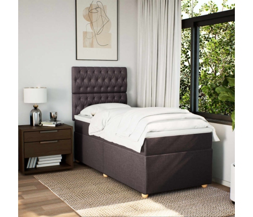 Cama box spring con colchón tela marrón oscuro 80x200 cm