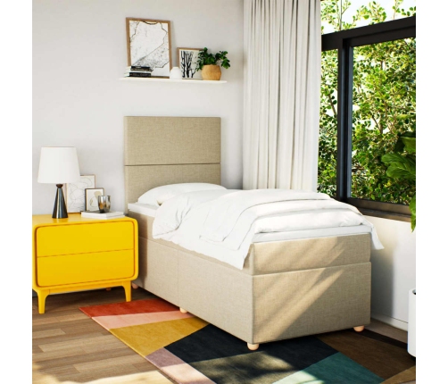 Cama box spring con colchón tela color crema 90x190 cm