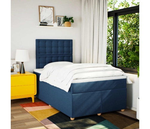 Cama box spring con colchón tela azul 120x200 cm