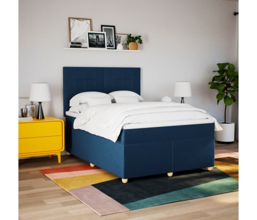 Cama box spring con colchón tela azul 140x190 cm