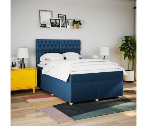 Cama box spring con colchón tela azul 140x190 cm