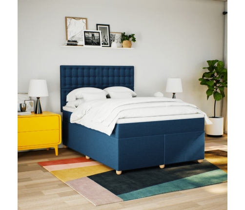 Cama box spring con colchón tela azul 140x190 cm