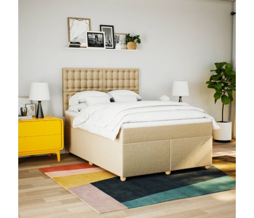 Cama box spring con colchón tela color crema 140x200 cm
