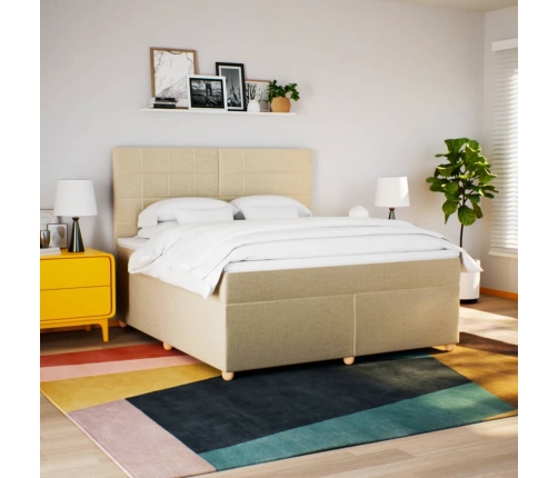 Cama box spring con colchón tela color crema 180x200 cm