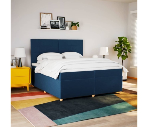 Cama box spring con colchón tela azul 200x200 cm