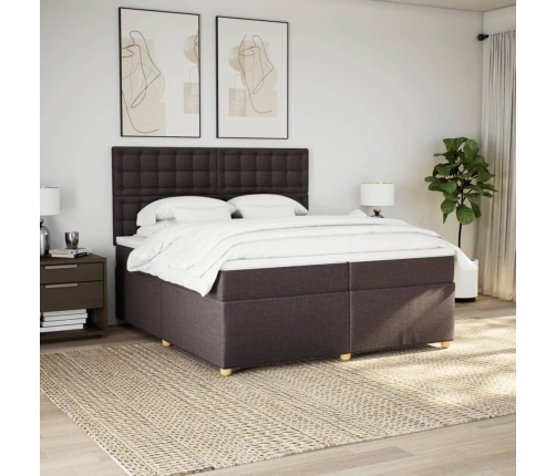 Cama box spring con colchón tela marrón oscuro 200x200 cm