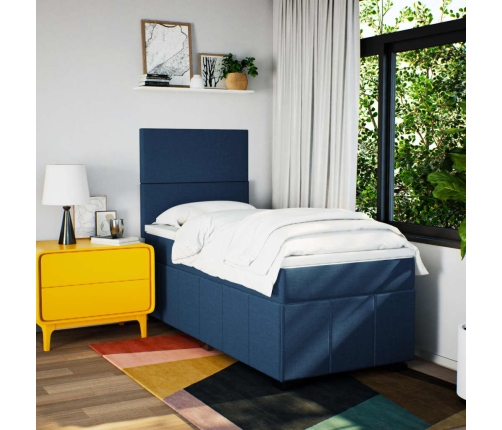 Cama box spring con colchón tela azul 90x190 cm