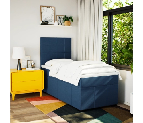 Cama box spring con colchón tela azul 90x190 cm