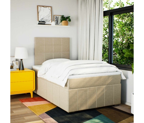 Cama box spring con colchón tela color crema 120x190 cm