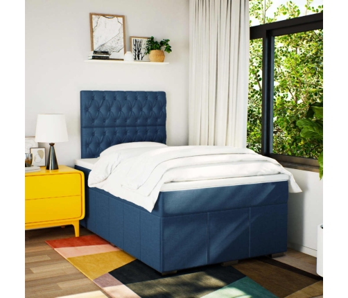 Cama box spring con colchón tela azul 120x190 cm