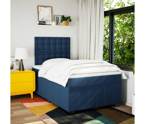 Cama box spring con colchón tela azul 120x190 cm