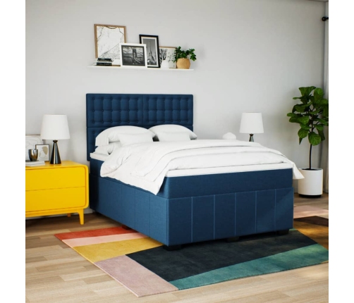 Cama box spring con colchón tela azul 160x200 cm