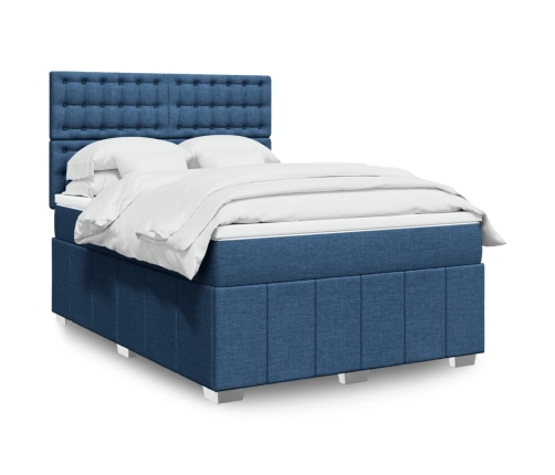 Cama box spring con colchón tela azul 160x200 cm