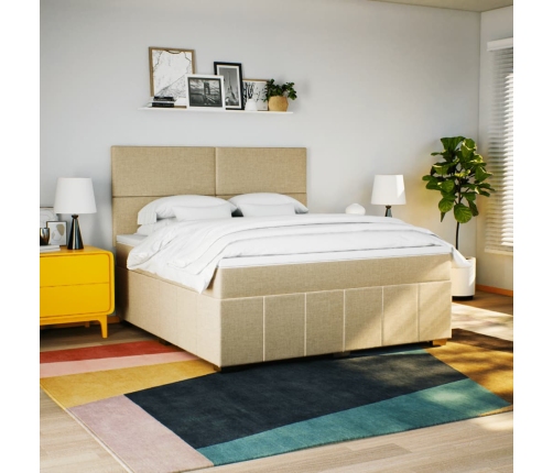 Cama box spring con colchón tela color crema 180x200 cm