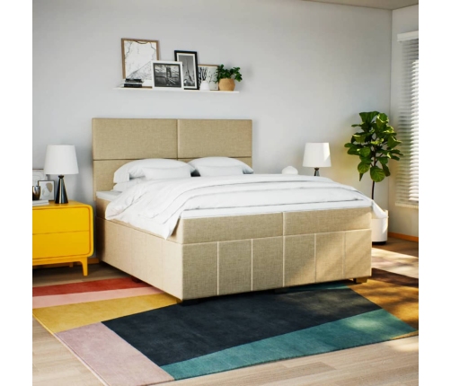 Cama box spring con colchón tela color crema 200x200 cm