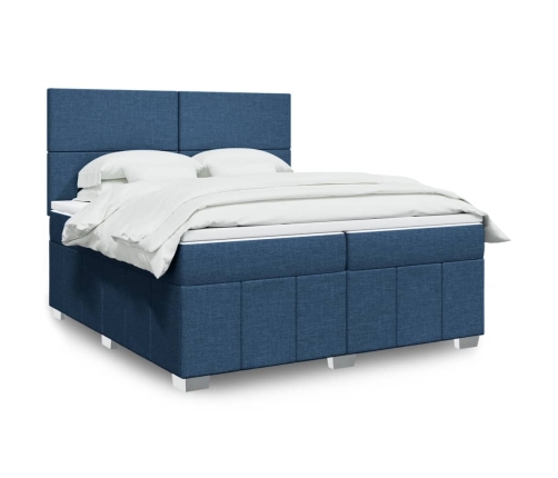 Cama box spring con colchón tela azul 200x200 cm