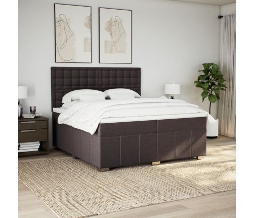 Cama box spring con colchón tela marrón oscuro 200x200 cm