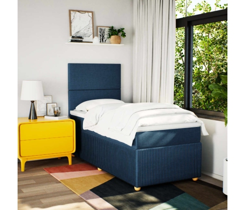 Cama box spring con colchón tela azul 90x190 cm