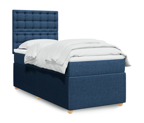 Cama box spring con colchón tela azul 90x190 cm