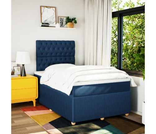 Cama box spring con colchón tela azul 120x190 cm