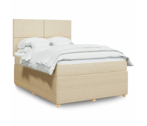 Cama box spring con colchón tela color crema 140x190 cm