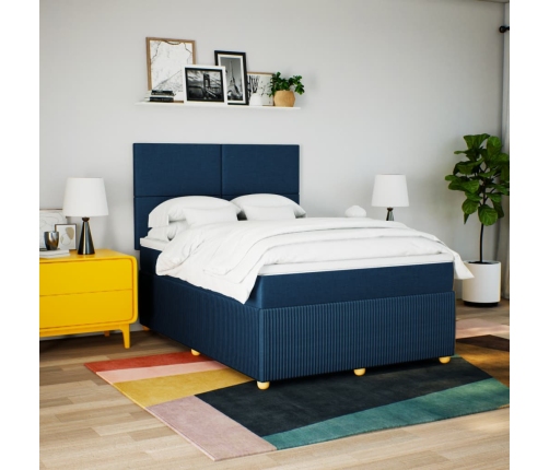 Cama box spring con colchón tela azul 140x190 cm