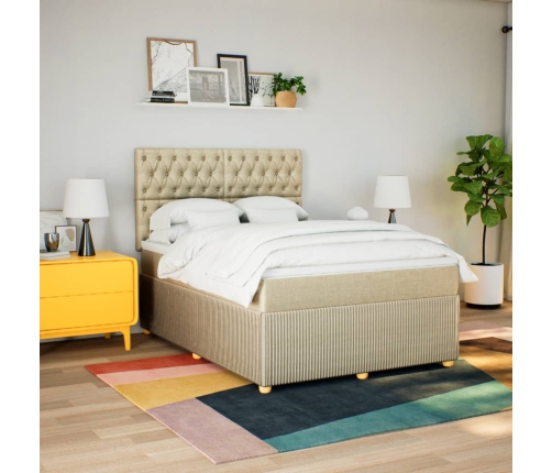 Cama box spring con colchón tela color crema 140x190 cm