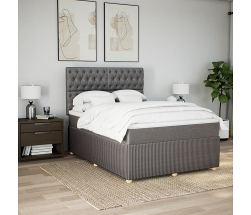 Cama box spring con colchón tela gris taupe 160x200 cm
