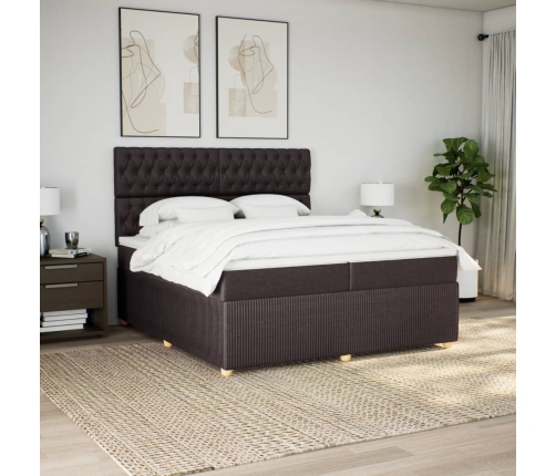 Cama box spring con colchón tela marrón oscuro 200x200 cm