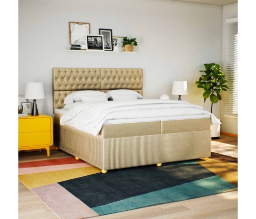 Cama box spring con colchón tela color crema 200x200 cm