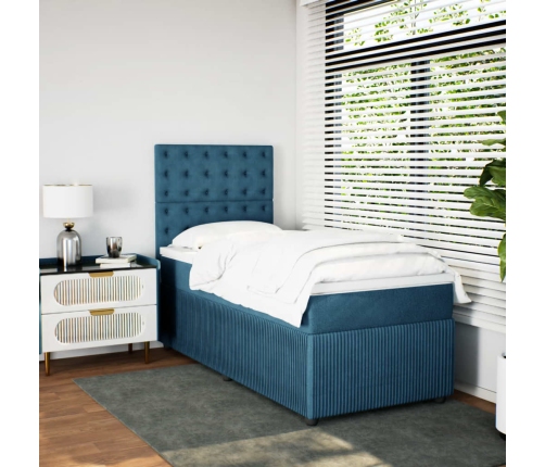 Cama box spring con colchón terciopelo azul 90x200 cm