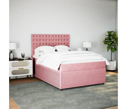 Cama box spring con colchón terciopelo rosa 140x190 cm