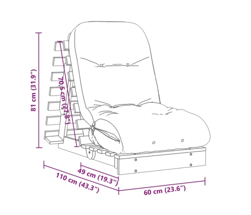 Futón sofá cama con colchón madera maciza de pino 60x206x11 cm