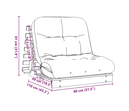 Futón sofá cama con colchón madera maciza marrón 80x206x11 cm