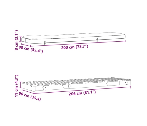 Futón sofá cama con colchón madera maciza de pino 90x206x11 cm