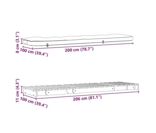 Futón sofá cama con colchón madera maciza de pino 100x206x11 cm
