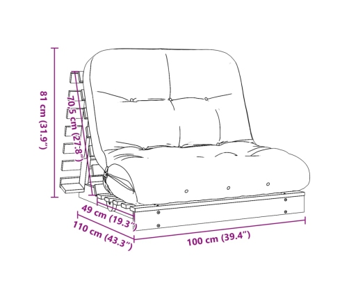 Futón sofá cama con colchón madera maciza marrón 100x206x11 cm