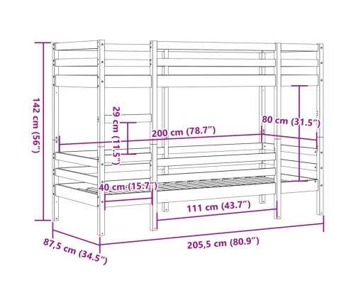 Litera de madera maciza de pino 80x200 cm