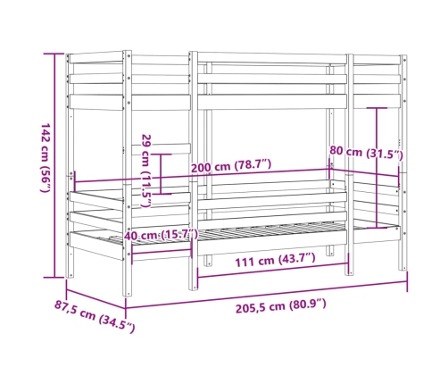 Litera de madera maciza de pino marrón cera 80x200 cm