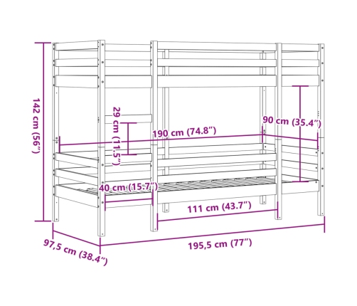 Cama litera sin colchón madera maciza de pino 90x190 cm